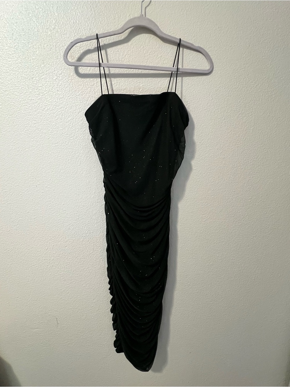 B Darlin Dark Green Ruched Bodycon Midi Dress with Spaghetti Straps - Picture 2 of 5